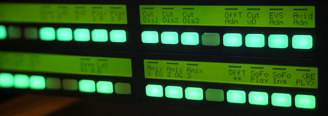 Intercom panel in the national broadcast center at ZDF German TV for the Tokyo 2020 Olympics. by Uniphonic black digital device at 2 00